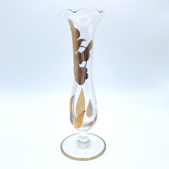 Vintage Hand Blown Glass Fluted Bud Vase Gold Gilt Floral Flower Leaves MCM - Picture 1 of 9